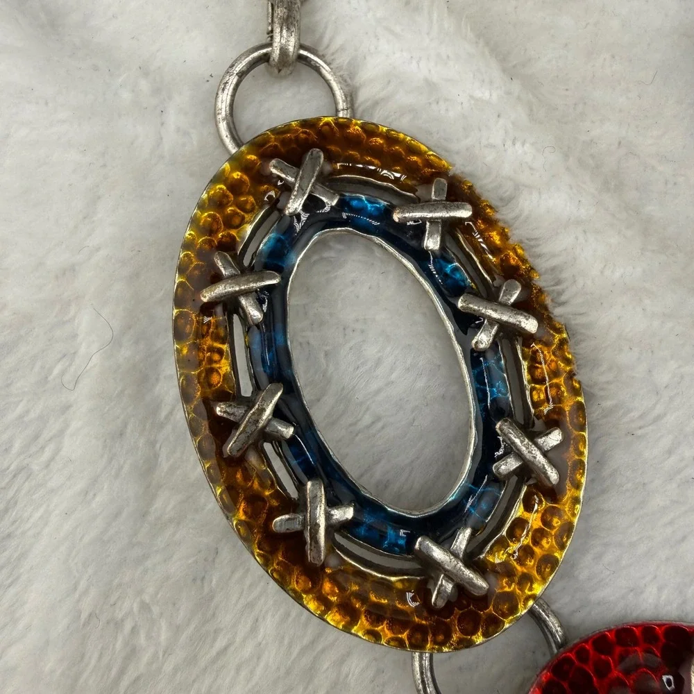 Vintage Chicos Belt Necklace Multicolor Enamel Hammered Silver Tone Links 42in